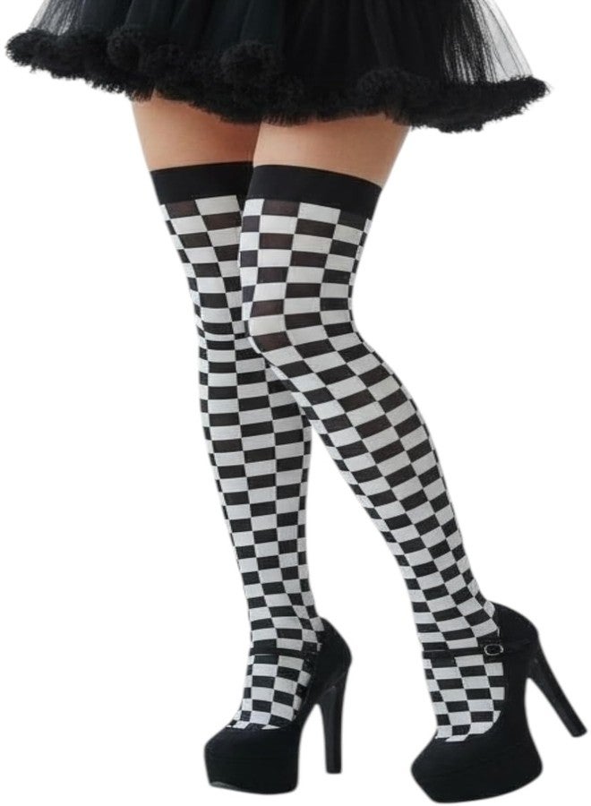 ToBeInStyle Women's Harlequin Opaque Thigh High Stockings - Check Print - Black/White - One Size - Image 1