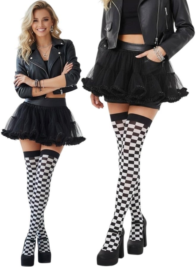 ToBeInStyle Women's Harlequin Opaque Thigh High Stockings - Check Print - Black/White - One Size - Image 4