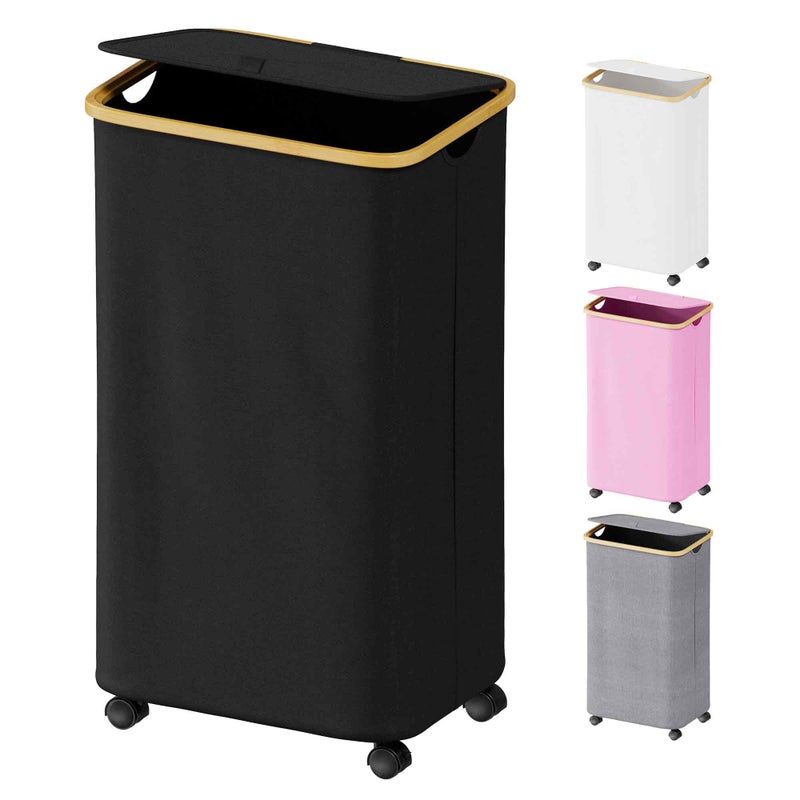 SUOCO Laundry Hamper on Wheels 100L, Clothes Basket with Lid and Bamboo Handles, Foldable Laundry Hamper for Bedroom, Bathroom, Dorm, Laundry Room - Black - Image 1