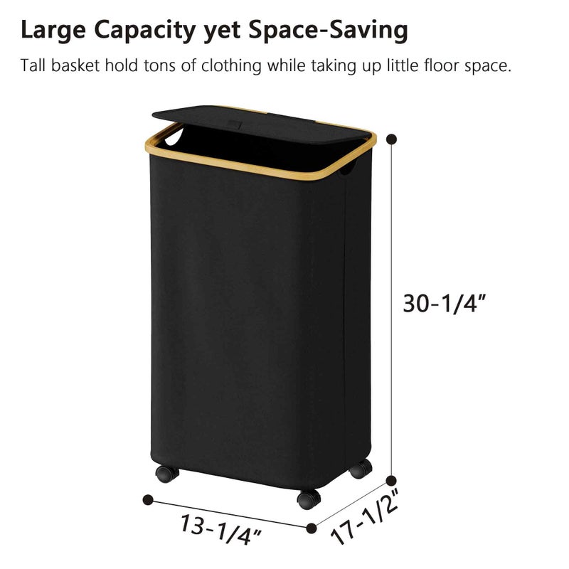 SUOCO Laundry Hamper on Wheels 100L, Clothes Basket with Lid and Bamboo Handles, Foldable Laundry Hamper for Bedroom, Bathroom, Dorm, Laundry Room - Black - Image 5