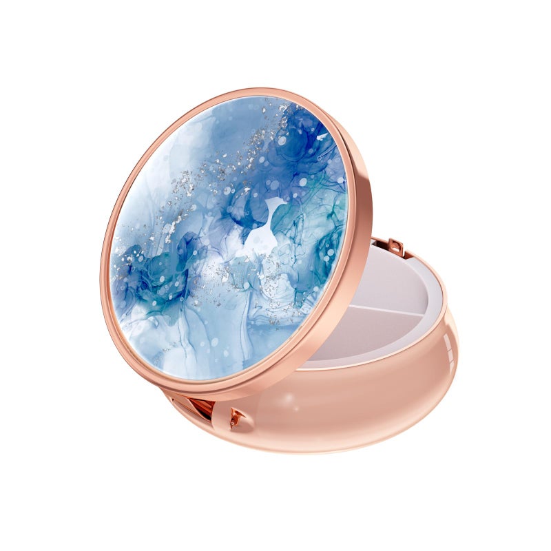 Rouidr Pill Box 3 Compartment Medicine Pill Case Small Metal Travel Medicine Box for Purse Pocket Rose Gold Light Luxury Blue