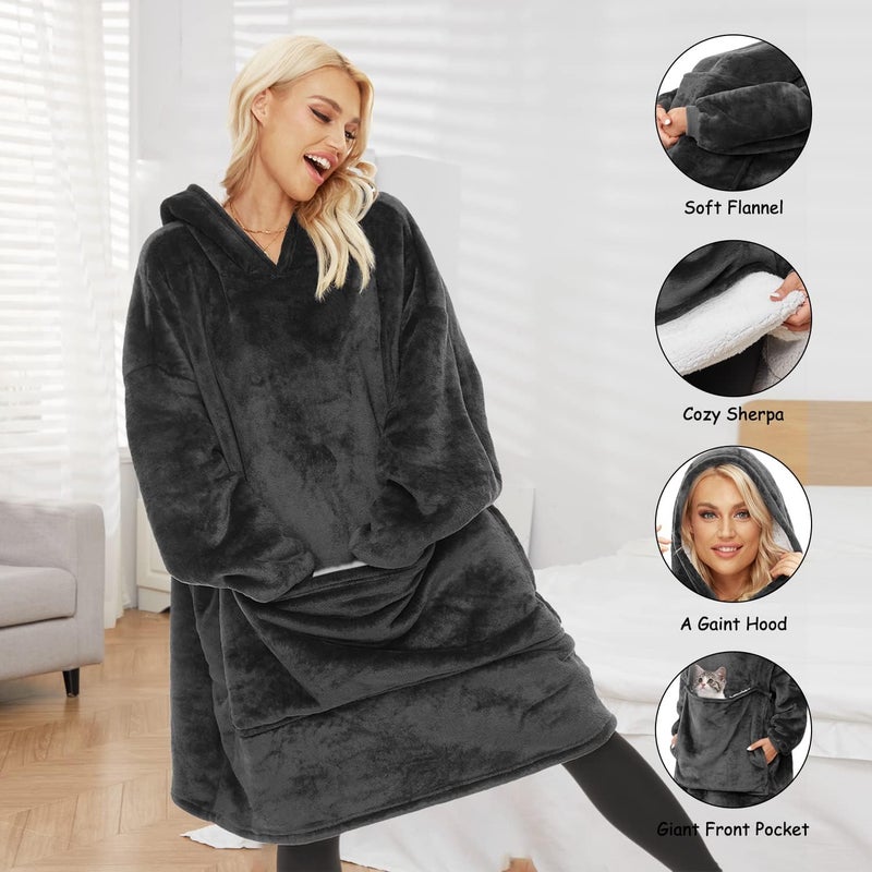 Gentlewarm Store هودي بطانية قابلة للارتداء للبالغين النساء والرجال، هودي شيربا فليس دافئ وناعم بحجم كبير مع جيب عملاق للحيوانات الأليفة - Image 2