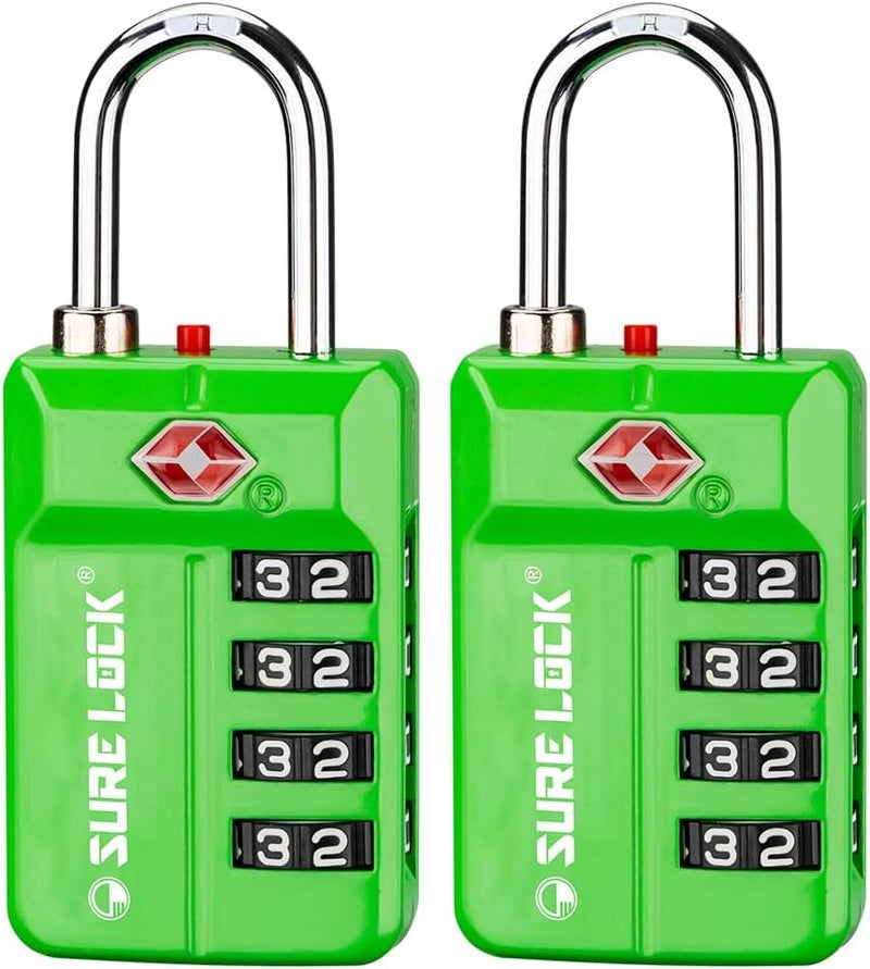 SURE LOCK TSA Approved 4-Digit Resettable Combination Luggage Locks with Open Alert, Easy-Read Dials - for Luggage, School Lockers, Gym, Office, Toolbox & Security Cases(Green 2 Pack) - Image 1
