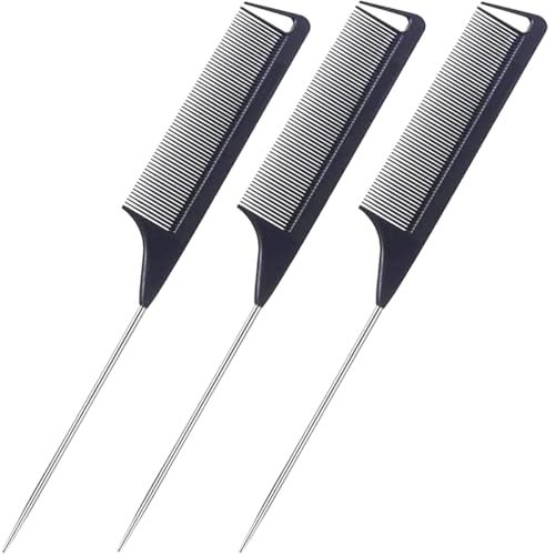 Luxxii (3 Pack) 9.5" Rat Tail Comb Steel Pin Rat Tail Heat Resistant Teasing Combs with Stainless Steel Pintail - Image 1