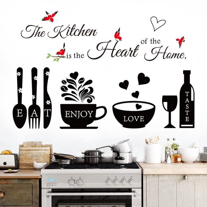 KITCHEN WALL STICKERS DECALS DECOR KITCHEN THE HEART OF THE HOME WALL DECOR QUOTES SIGN UTENSIL ART DECORATIONS FOR HOME DINING ROOM COFFEE SHOP