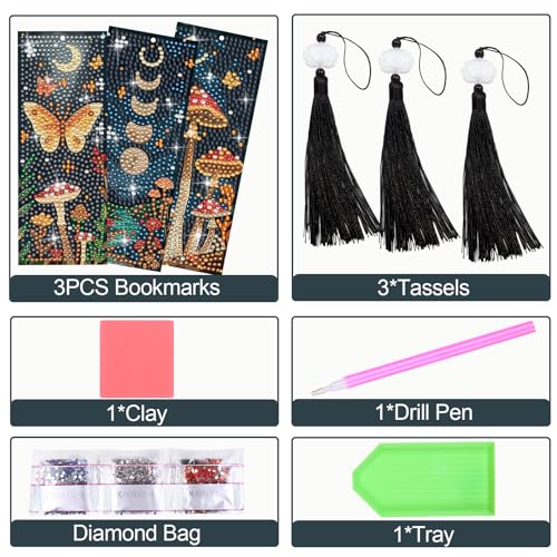 Anseal 3Pcs Mushroom Diamond Art Bookmarks DIY Leather Tassel Bookmark for Adult Christmas New Year Graduation Birthday Gifts - Image 3
