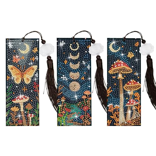 Anseal 3Pcs Mushroom Diamond Art Bookmarks DIY Leather Tassel Bookmark for Adult Christmas New Year Graduation Birthday Gifts - Image 1