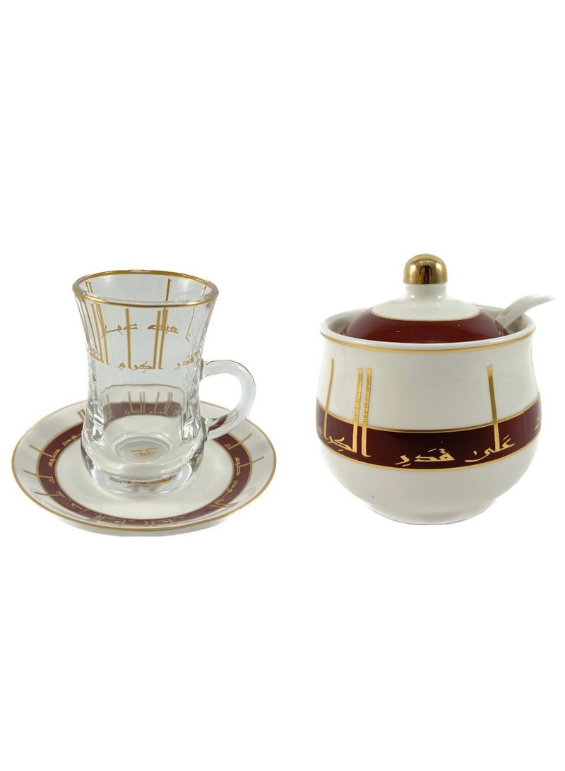 Homemaker 20-Piece Tea & Coffee Cups Set - 6 Tea Glass - 6 Coffee Cups - 6 Saucer - Sugar Bowl & Spoon - White & Clear & Burgundy & Gold - Image 4