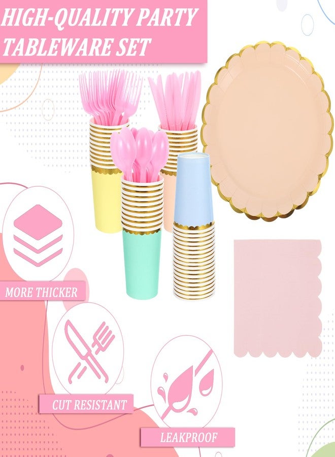 Limbeuuu 240 Pieces Pastel Party Supplies Disposable Dinnerware Set Include Plates and Cups Napkins Plastic Forks Knives Spoons Tablecloth for Wedding Birthday Party Decorations - Image 3