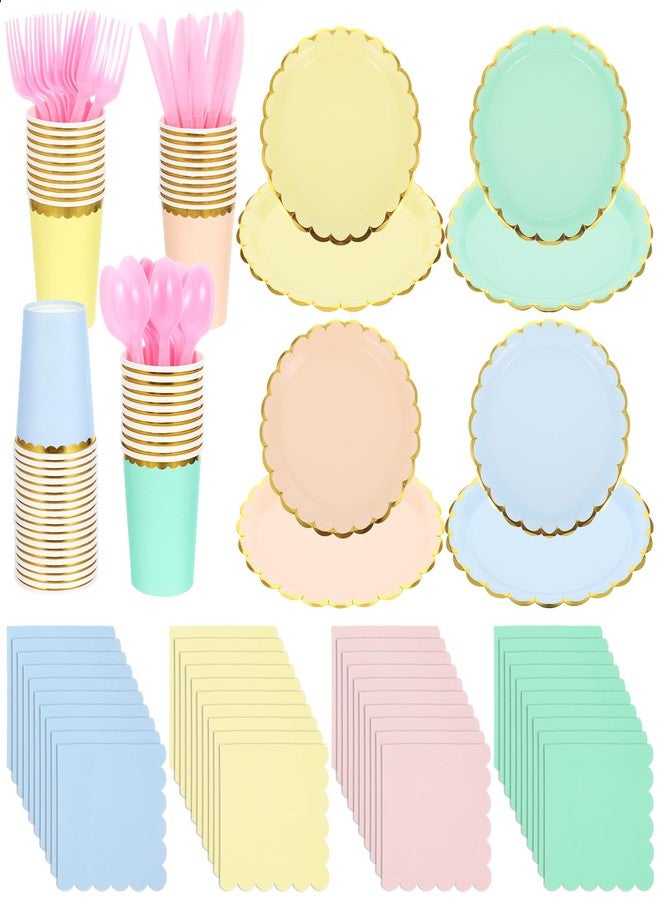 Limbeuuu 240 Pieces Pastel Party Supplies Disposable Dinnerware Set Include Plates and Cups Napkins Plastic Forks Knives Spoons Tablecloth for Wedding Birthday Party Decorations - Image 1
