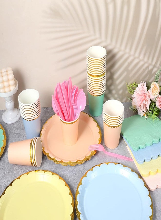 Limbeuuu 240 Pieces Pastel Party Supplies Disposable Dinnerware Set Include Plates and Cups Napkins Plastic Forks Knives Spoons Tablecloth for Wedding Birthday Party Decorations - Image 4