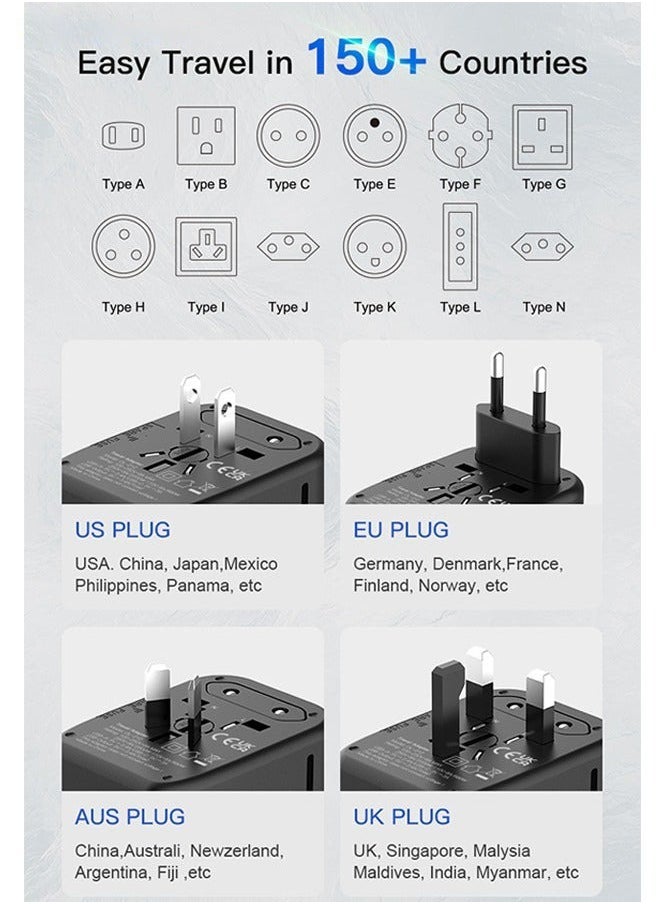 Universal International Power Travel Plug Adapter, 5-in-1 with 3.5A 2xUSB-A & 2xUSB C Wall Charger - Black