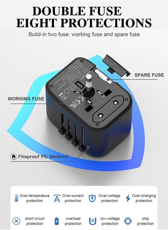 Universal International Power Travel Plug Adapter, 5-in-1 with 3.5A 2xUSB-A & 2xUSB C Wall Charger - Black