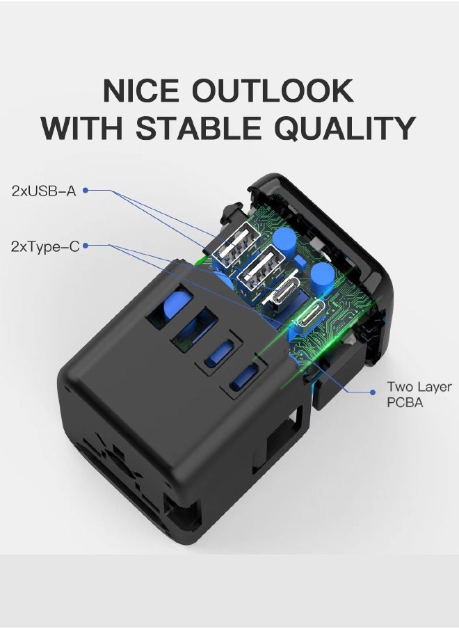 Universal International Power Travel Plug Adapter, 5-in-1 with 3.5A 2xUSB-A & 2xUSB C Wall Charger - Black