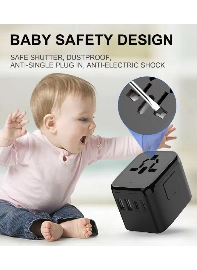 Universal International Power Travel Plug Adapter, 5-in-1 with 3.5A 2xUSB-A & 2xUSB C Wall Charger - Black