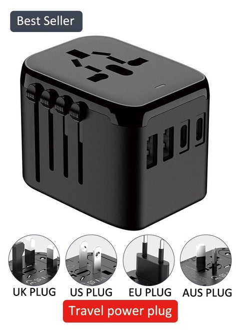 Universal International Power Travel Plug Adapter, 5-in-1 with 3.5A 2xUSB-A & 2xUSB C Wall Charger - Black