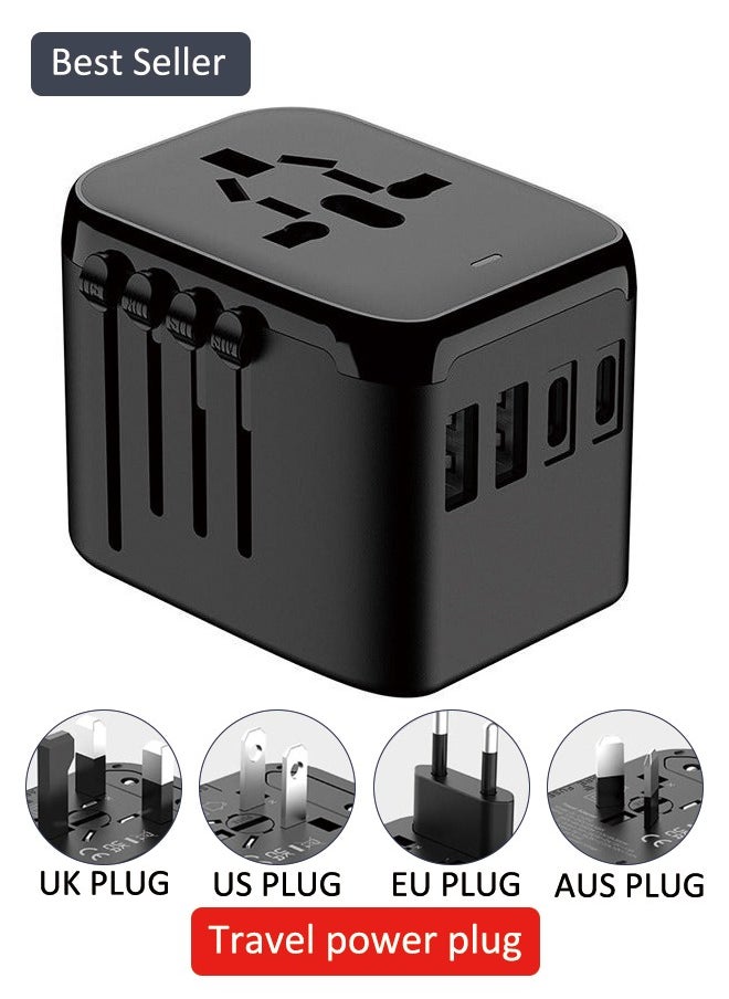 Universal International Power Travel Plug Adapter, 5-in-1 with 3.5A 2xUSB-A & 2xUSB C Wall Charger - Black