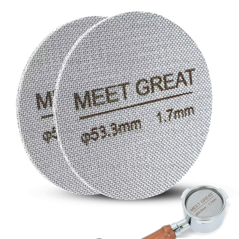 Meet Great- 2 Packs 53.3mm Espresso Puck Screen, 1.7mm Thickness 150μm 316L Stainless Steel, Upgraded Reusable Coffee Filter Screen for 54mm Breville Portafilter Filter Basket - Image 1