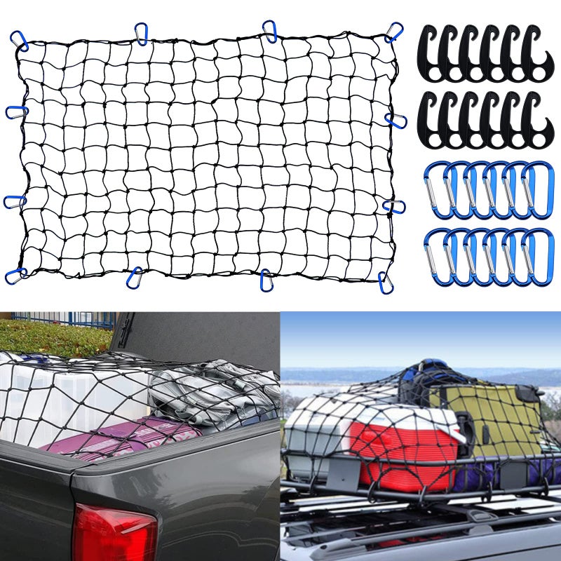 Funmit 4 x 6 Ft Cargo Net for Roof Basket and Pickup Bed Nice Elasticity Stretches to 8 x 12 Ft with 24 Carabiners Bungee Cargo Netting Design for Most Car Models