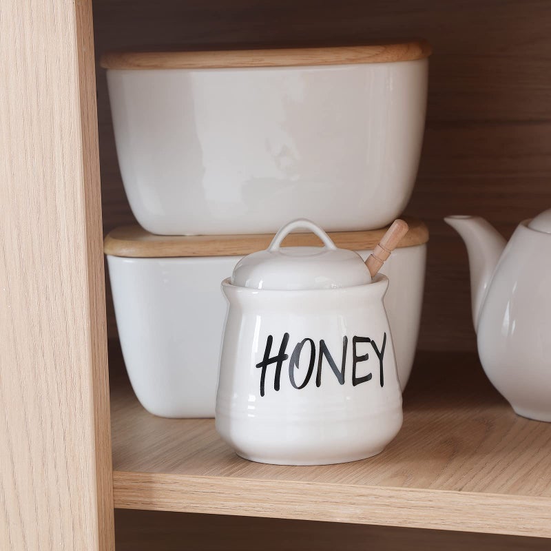 HAOTOP Porcelain Small Honey Jar with Lid and Honey Dipper 12oz (White) - Image 4