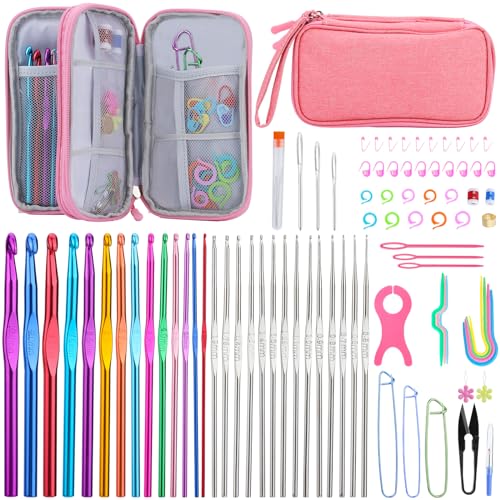 IMZAY Crochet Hooks Set for Beginners, 90Pcs Ergonomic Crochet Kit with Case, Stitch Markers & Blunt Needles, Arthritis-Friendly, Complete Knitting Accessories for Crochet Lovers - Image 1
