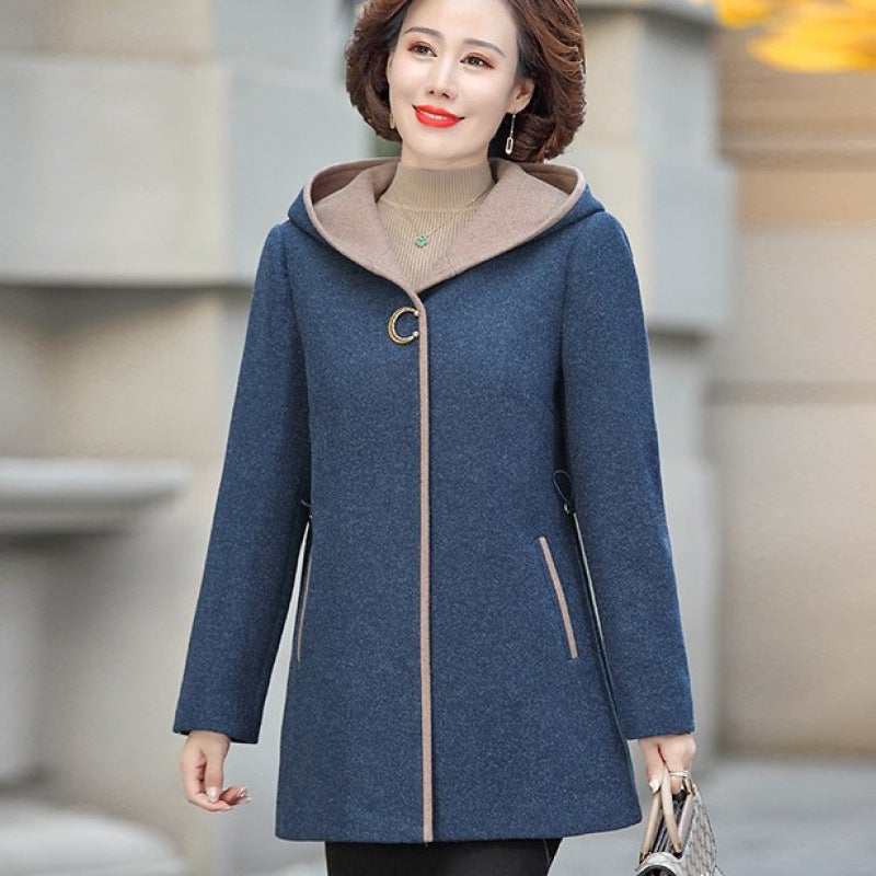 Wutou mother autumn and winter woolen coat loose hooded middle-aged and elderly womens cotton-padded mid-length woolen coat Blue