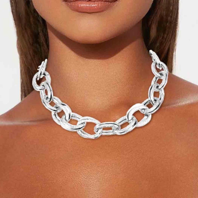 ACEDRE Chunky Choker Necklace Silver Cuban Link Chain Double O Link Necklaces Punk Hip-hop Jewelry for Women (2-Silver) - Image 2
