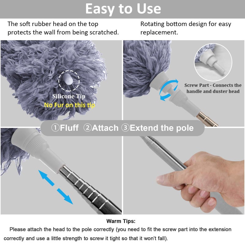 DELUX Microfiber Feather Duster Extendable Duster with 100 inches Extra Long Pole, Bendable Head & Long Handle Dusters for Cleaning Ceiling Fan, High Ceiling, Blinds, Furniture & Cars Gray - Image 2