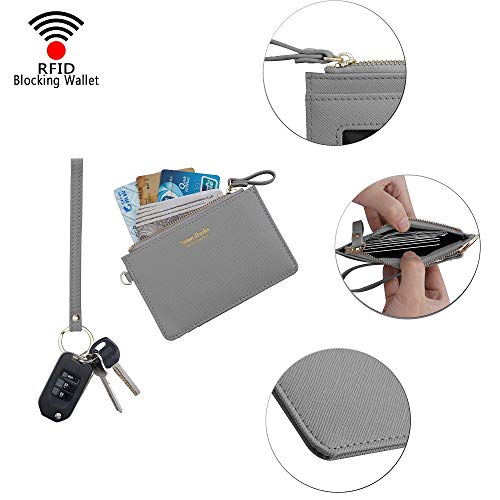 Aiyo Nice Women Slim RFID Card Case Holder Wristlet Zip ID Case Wallet Small Leather Wallet Coin Purse with Keychain (Gray) - Image 5