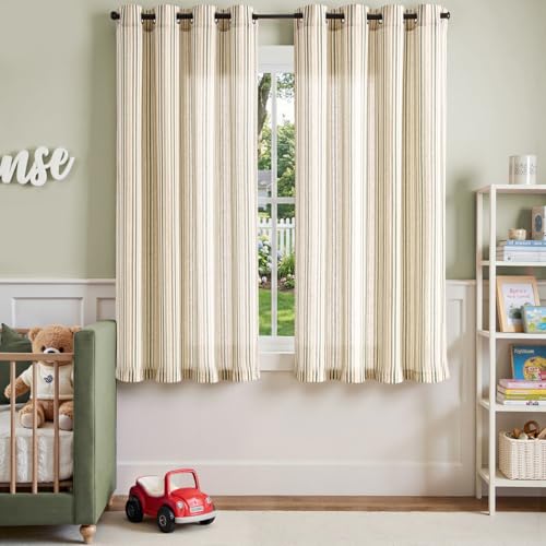 jinchan Colorful Linen Curtains for Nursery Living Room Multi Green on Beige Striped Curtains for Bedroom Cute Ticking Stripe Farmhouse Baby Boys Kids Room Light Filtering Grommet 2 Panels 63 inch - Image 3