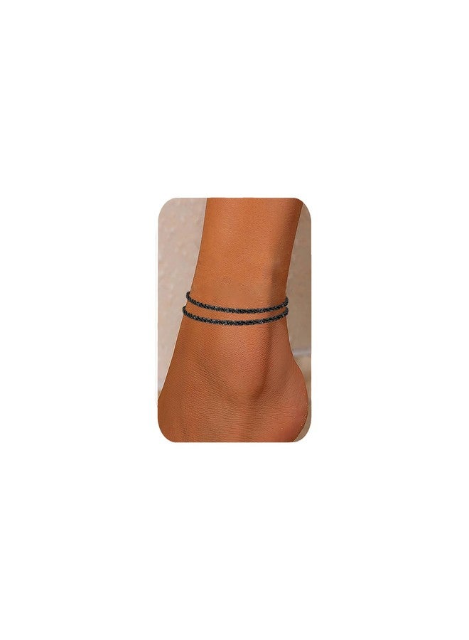 Nanafast Women's Ankle Bracelets, Sparkling Multi-layer Ankle Bracelets for Women, Adjustable Shiny Black Anklets, Beach Cute Anklets Jewelry for Summer-Black - Image 1