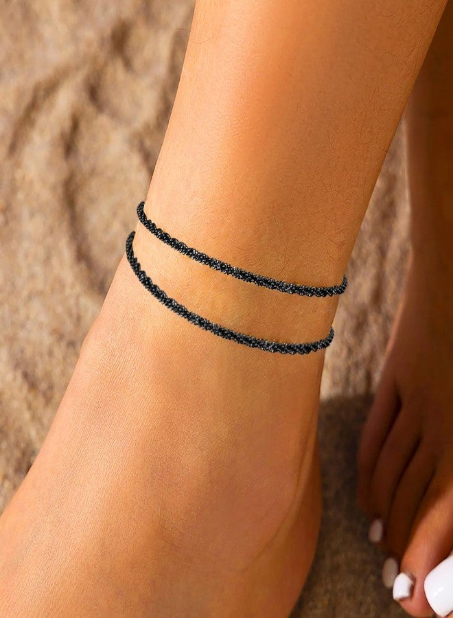 Nanafast Women's Ankle Bracelets, Sparkling Multi-layer Ankle Bracelets for Women, Adjustable Shiny Black Anklets, Beach Cute Anklets Jewelry for Summer-Black - Image 3