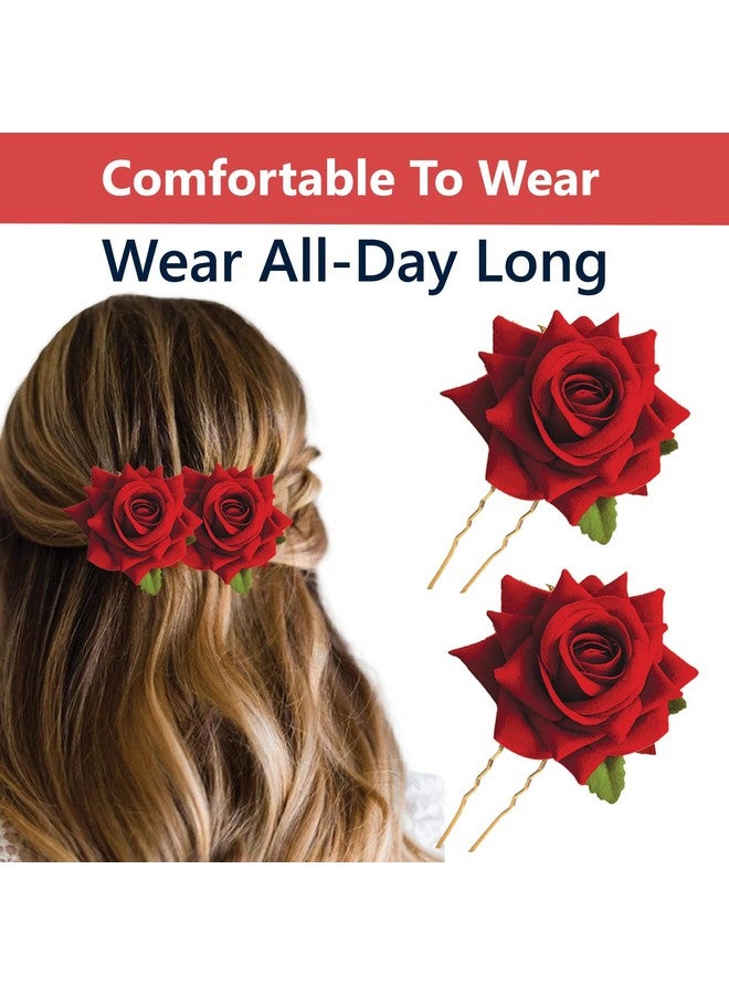 TEMPERIA (2pcs) Hair Accessories For Women & Girls - Stylish Red Rose Artificial Flowers Bun Juda U Pins & Clips for Style & Decoration - Bridal Brooch & Braid for Hairstyle of Bride, Wedding & Party - Image 4
