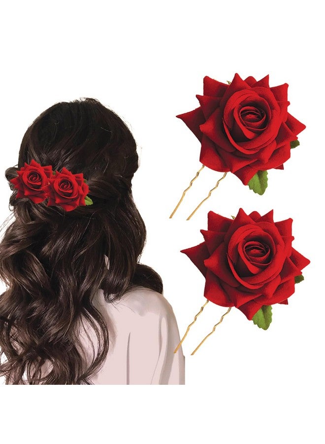 TEMPERIA (2pcs) Hair Accessories For Women & Girls - Stylish Red Rose Artificial Flowers Bun Juda U Pins & Clips for Style & Decoration - Bridal Brooch & Braid for Hairstyle of Bride, Wedding & Party - Image 1