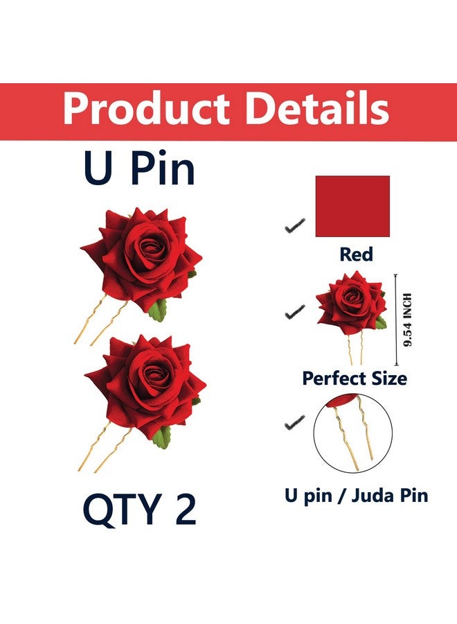 TEMPERIA (2pcs) Hair Accessories For Women & Girls - Stylish Red Rose Artificial Flowers Bun Juda U Pins & Clips for Style & Decoration - Bridal Brooch & Braid for Hairstyle of Bride, Wedding & Party - Image 2