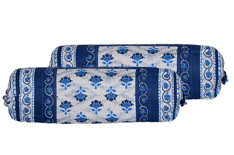 AMLEXTTRIZ Flora Print Bolster Cover 100 Pure Cotton Set of 2 Round Decorative Pillow Cover for Diwan Bed Side Long Pillow Case Masand Pillowcases 16x32 Inch Blue - Image 2