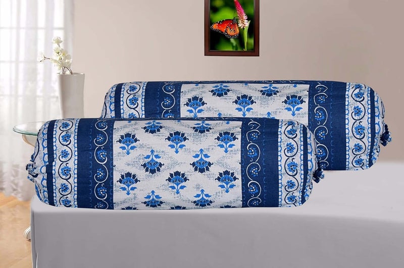 AMLEXTTRIZ Flora Print Bolster Cover 100 Pure Cotton Set of 2 Round Decorative Pillow Cover for Diwan Bed Side Long Pillow Case Masand Pillowcases 16x32 Inch Blue - Image 1