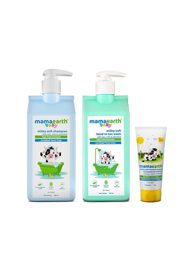 Mamaearth Milky Soft Baby Care Combo | Body Wash, Shampoo & Sunscreen | With Oats, Milk & Calendula | Tear-Free, Gentle & Toxin-Free Baby Skin & Hair Care | 400 ml + 400 ml + 80 g - Image 1