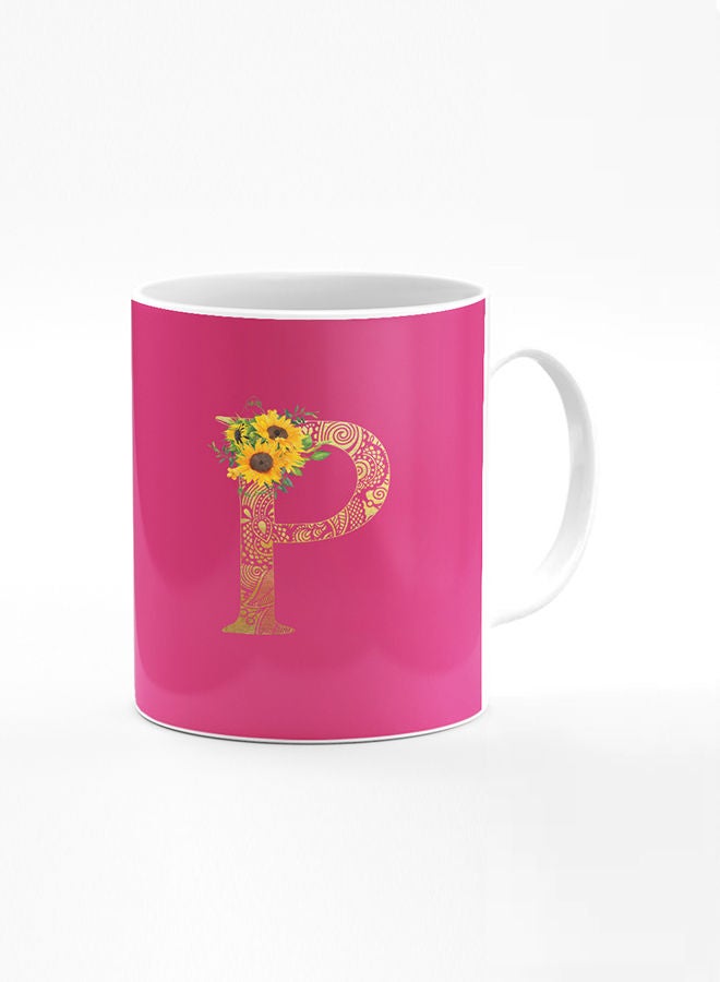 Stylizedd Designer Printed Coffee Mug 11oz Ceramic Personalised Gift Mugs Cup Custom Monogram Initial Letter Floral Pattern Alphabet P (Dark Pink Rose) - Image 1
