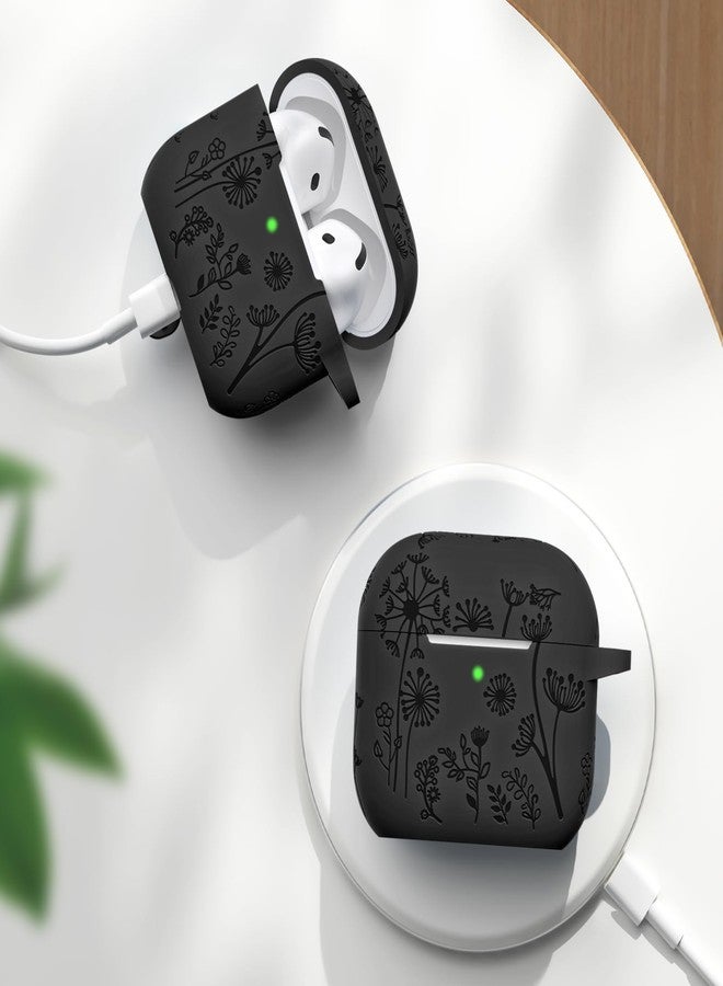 Lerobo for Airpods 4 Case Cover with Cleaner Kit, Cute Flower Engraved Silicone Protective Dust-Resistant Cover with Keychain Compatible with Apple Airpods 4 Case 2024, Black - Image 5