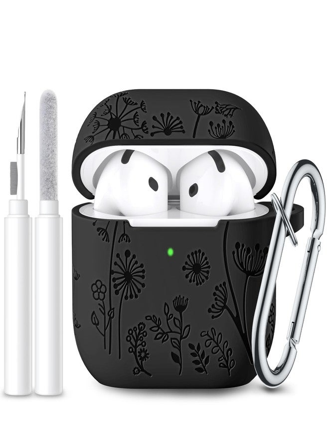 Lerobo for Airpods 4 Case Cover with Cleaner Kit, Cute Flower Engraved Silicone Protective Dust-Resistant Cover with Keychain Compatible with Apple Airpods 4 Case 2024, Black - Image 1