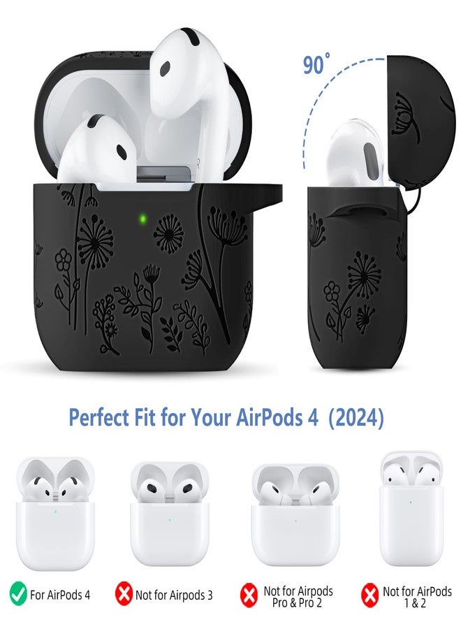 Lerobo for Airpods 4 Case Cover with Cleaner Kit, Cute Flower Engraved Silicone Protective Dust-Resistant Cover with Keychain Compatible with Apple Airpods 4 Case 2024, Black - Image 4