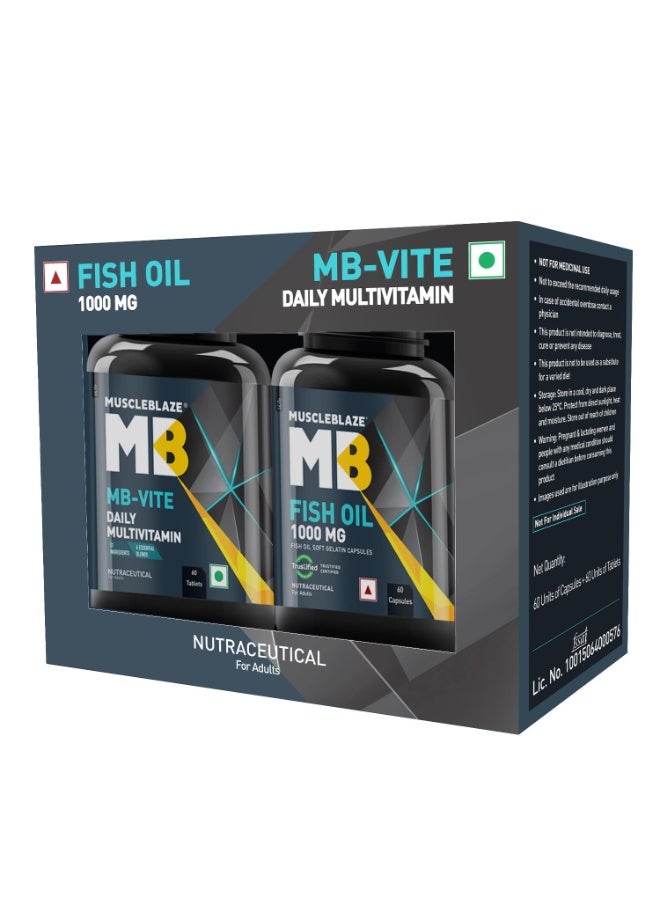 مسل بلايز مجموعة MuscleBlaze المزدوجة: فيتامينات متعددة يومية Mb-Vite (60 قرصاً) تحتوي على 51 مكوناً و6 مزيجاً غذائياً + زيت السمك أوميغا 3 بتركيز 1000 ملغ (60 كبسولة) - يحتوي على 180 ملغ EPA و120 ملغ DHA. - Image 1