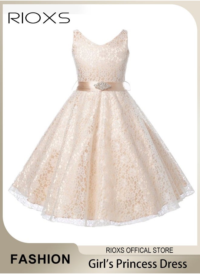 RIOXS - Kids Girls Elegant Lace Gowns Dress V Neck Sleeveless Dress Cute Princess Dress for Performance - Image 1