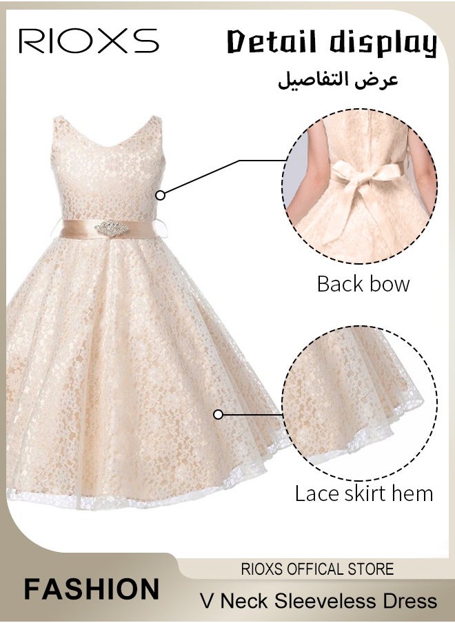 RIOXS - Kids Girls Elegant Lace Gowns Dress V Neck Sleeveless Dress Cute Princess Dress for Performance - Image 1