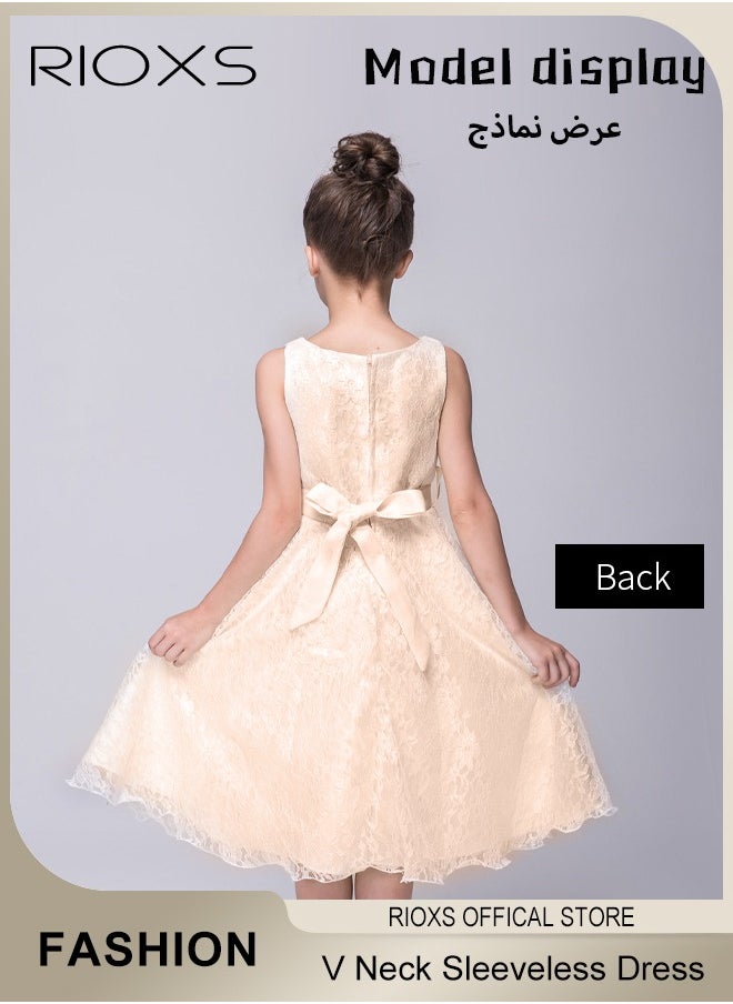 RIOXS - Kids Girls Elegant Lace Gowns Dress V Neck Sleeveless Dress Cute Princess Dress for Performance - Image 1