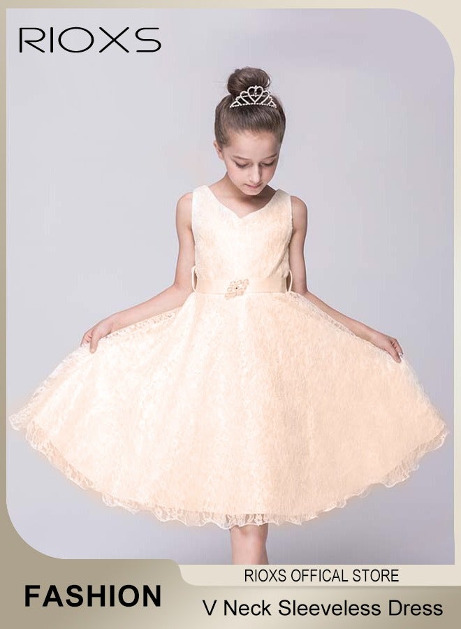RIOXS Kids Girls Tulle Princess Dress, Elegant Lace Gowns Dress V Neck Sleeveless Dress for Toddler Girls, High Waist A-Line Summer Midi Dress with Belt, Ligheweight Pageant Gown for Performance, Party, Wedding, Birthday, Photo Shoot and More, Champagne Color - Image 5