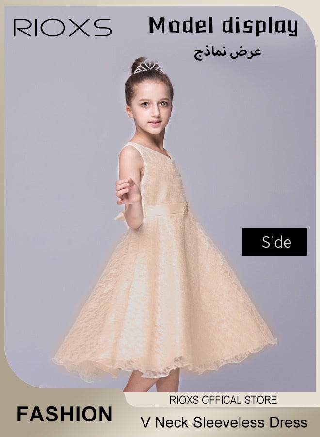 RIOXS Kids Girls Tulle Princess Dress, Elegant Lace Gowns Dress V Neck Sleeveless Dress for Toddler Girls, High Waist A-Line Summer Midi Dress with Belt, Ligheweight Pageant Gown for Performance, Party, Wedding, Birthday, Photo Shoot and More, Champagne Color - Image 4