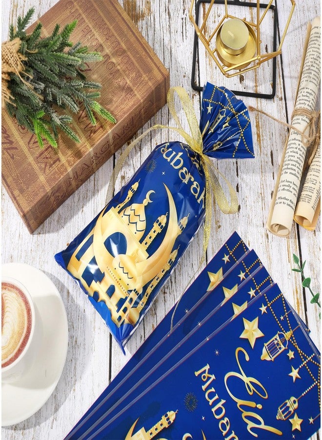 Whaline 100 Pcs Eid Mubarak Cellophane Bags with Ribbon Ramadan Plastic Treat Bags Blue Gold Candy Goodie Bags for Islamic Muslim Party Snack Cookie Packing Supplies - Image 4