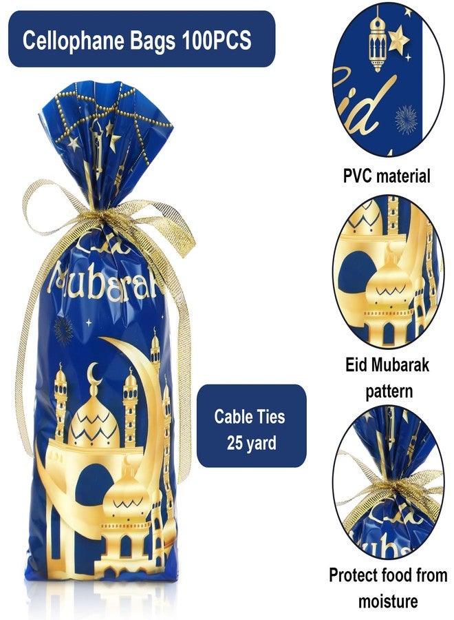 Whaline 100 Pcs Eid Mubarak Cellophane Bags with Ribbon Ramadan Plastic Treat Bags Blue Gold Candy Goodie Bags for Islamic Muslim Party Snack Cookie Packing Supplies - Image 3